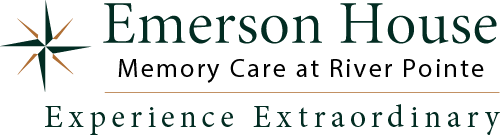 Logo for Emerson House, Memory Care at River Pointe. A star-like symbol is on the left, with the slogan "Experience Extraordinary" below the main text.