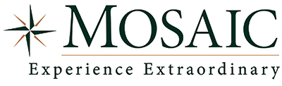 Logo of "MOSAIC" with a compass star design to the left. The tagline "Experience Extraordinary" is written below in smaller font. The logo features a dark green color with a touch of orange on the compass points.