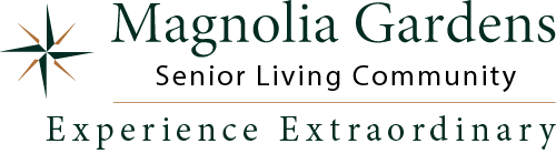 Logo of Magnolia Gardens Senior Living Community featuring a star-like design on the left. The text reads "Magnolia Gardens Senior Living Community" and "Experience Extraordinary" in a serif font.