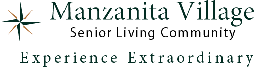 Logo for Manzanita Village Senior Living Community featuring a star emblem and the tagline "Experience Extraordinary.