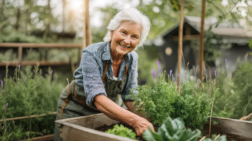 An older woman with gray hair and a plaid shirt smiles while tending a raised garden bed in the lush, sunlit garden of her maintenance-free senior living community, surrounded by leafy greens and herbs.