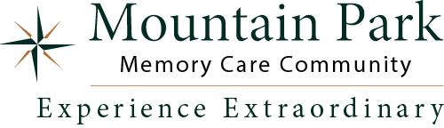 Logo for Mountain Park Memory Care Community features a star emblem on the left. The text reads "Mountain Park Memory Care Community" with the tagline "Experience Extraordinary" below.