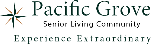 Logo for Pacific Grove Senior Living Community, featuring a stylized compass star on the left. Text reads: "Pacific Grove Senior Living Community - Experience Extraordinary.