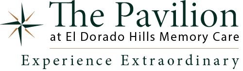 Logo for "The Pavilion at El Dorado Hills Memory Care" with the slogan "Experience Extraordinary" beneath, featuring a star-like symbol to the left.