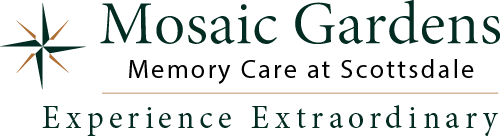 Logo of Mosaic Gardens Memory Care at Scottsdale with a stylized star icon. The text reads "Experience Extraordinary" beneath the name.