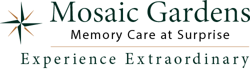 Logo for Mosaic Gardens Memory Care at Surprise, featuring a star-like symbol on the left. The text reads, "Mosaic Gardens Memory Care at Surprise" with the tagline "Experience Extraordinary" below.