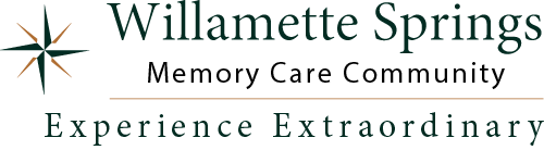 Logo for Willamette Springs Memory Care Community, featuring a star-like design on the left. Text reads: "Willamette Springs Memory Care Community" and "Experience Extraordinary.