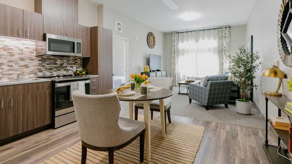 Modern open-concept kitchen and living area with wood cabinets, a tiled backsplash, and stainless steel appliances. The room features a dining table, cozy seating, decorative plants, a rug, and a large window with sheer curtains.