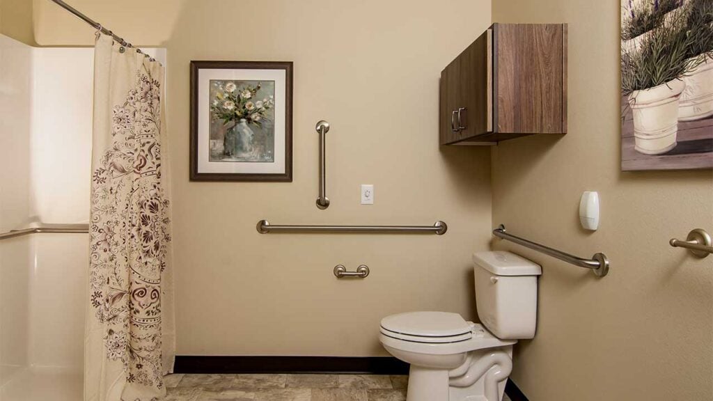 Accessible bathroom with a toilet, grab bars, and a shower with a patterned curtain. Wall-mounted cabinet above the toilet and floral artwork on the walls. Cream and beige color scheme.