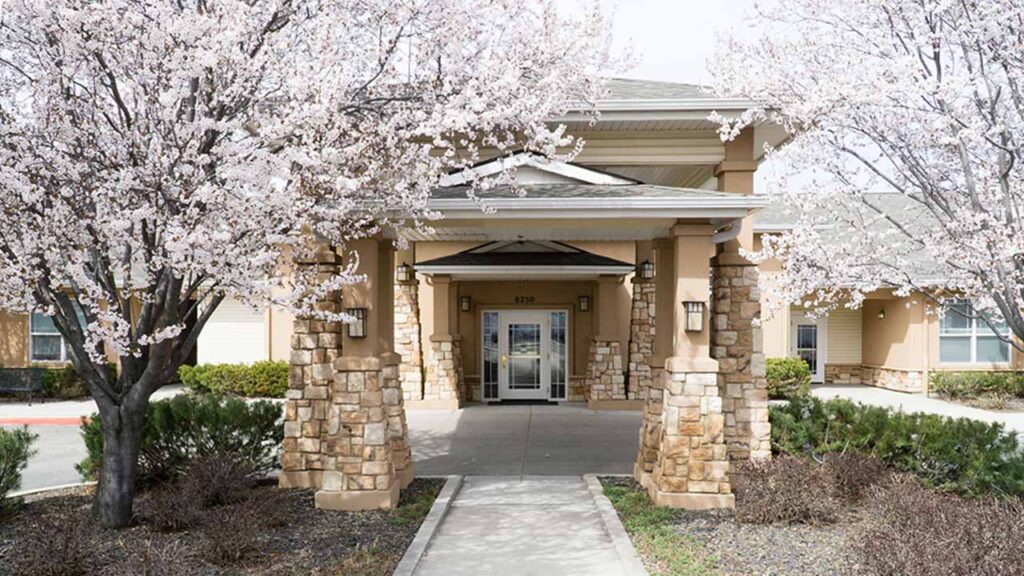 A building entrance with stone pillars and a peaked roof is framed by blooming cherry blossom trees. The walkway is lined with shrubs, leading to glass doors. The scene is bright and spring-like.