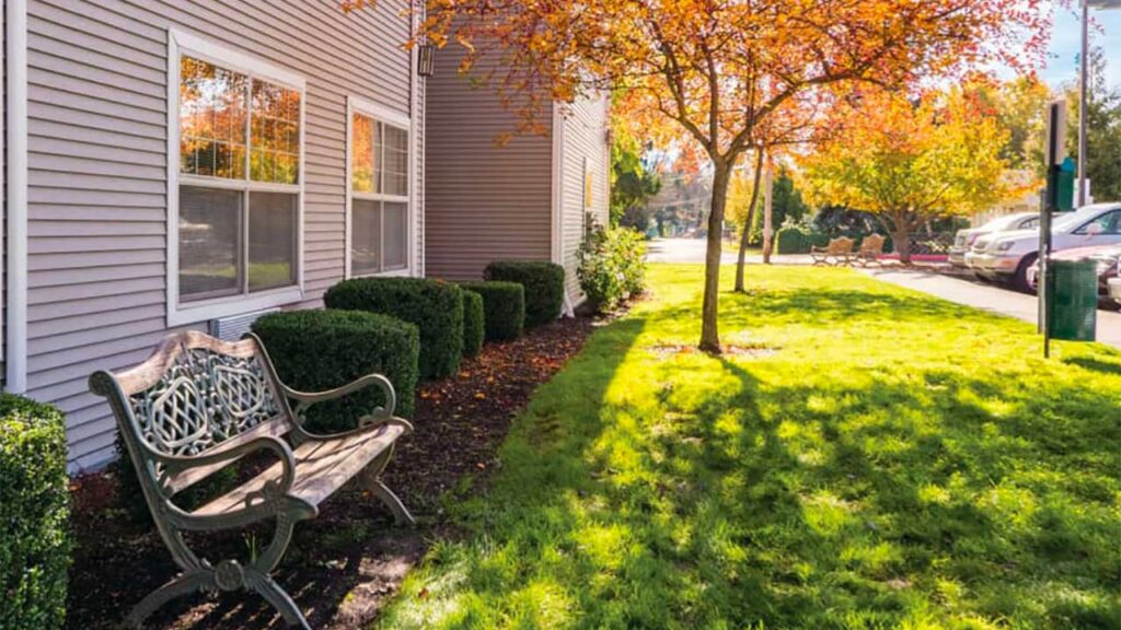 A peaceful outdoor scene with a wooden bench under a tree with orange leaves. The bench is near a building with gray siding and windows. Freshly cut grass and small shrubs line the path, while parked cars are visible in the background.