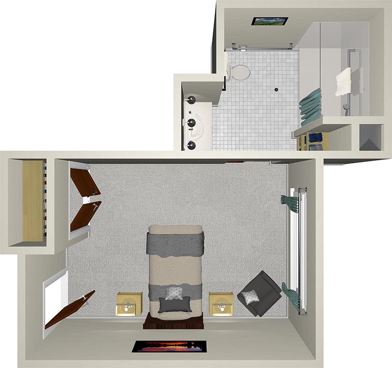 A 3D floor plan showing a bedroom with a bed, two side tables, and a chair. A bathroom with a shower, sink, and toilet is adjacent. The room has windows on two sides and artwork on the wall.