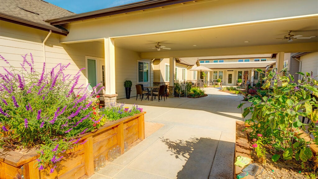 A sunny courtyard with a covered walkway, surrounded by garden boxes filled with purple and red flowers. Tables and chairs are set up under the shade, and the bright sky is visible above the buildings.