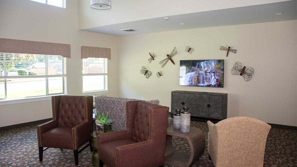 A cozy living room with two brown armchairs, a patterned sofa, and a TV displaying a waterfall. Decorative metal dragonflies adorn the wall. Large windows let in natural light, brightening the space.