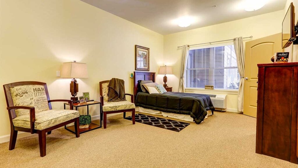 A cozy, well-lit room featuring a single bed with a dark comforter, a window with curtains, two patterned armchairs, a wooden dresser with a TV, a framed artwork, and a soft rug on the carpeted floor.