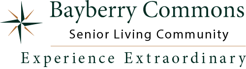 Logo for Bayberry Commons Senior Living Community with a compass star symbol, and the tagline "Experience Extraordinary.