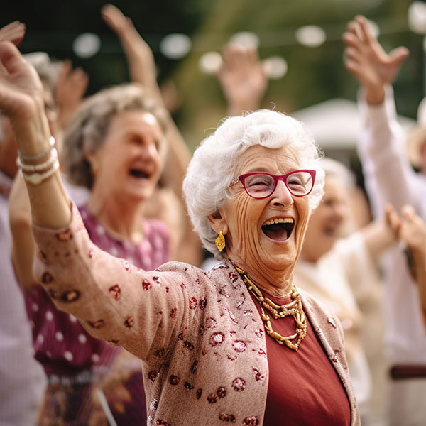 An elderly woman with white hair and pink glasses joyfully raises her hand, surrounded by other smiling people with raised hands. They are outdoors, with blurred greenery and string lights in the background.