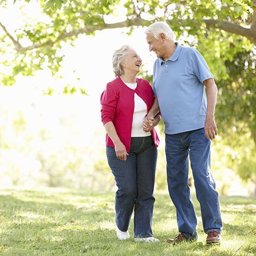 An elderly couple smiling and holding hands while walking on grass in a sunlit park. The woman wears a red sweater and jeans, and the man wears a blue polo shirt and jeans. Trees with green leaves are in the background.