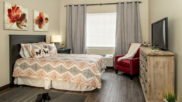 A cozy bedroom with a bed featuring geometric patterned bedding and decorative pillows. A red armchair with a blanket is beside a wooden dresser with a TV. The walls have floral artwork, and a large window with gray curtains lets in natural light.