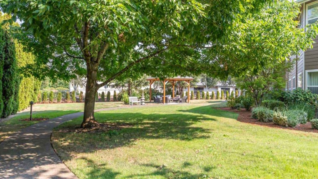 A lush green garden with a large tree providing shade over a curved pathway. In the background, there's a wooden gazebo surrounded by chairs. Bushes and a manicured lawn fill the rest of the scene, evoking a peaceful atmosphere.