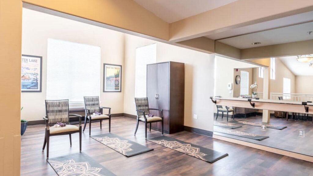 A bright room with wooden flooring, featuring three yoga mats on the floor, each with an intricate design. There are two chairs and a dark wooden cabinet against the wall. Large windows and a mirror reflect natural light throughout the space.