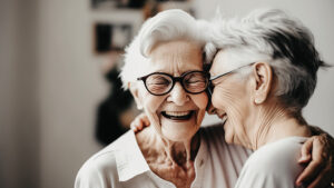 Two elderly women with short, white hair are sharing a joyful moment. They are wearing glasses and leaning closely together, both laughing heartily. The background is softly blurred, highlighting their warm expressions.