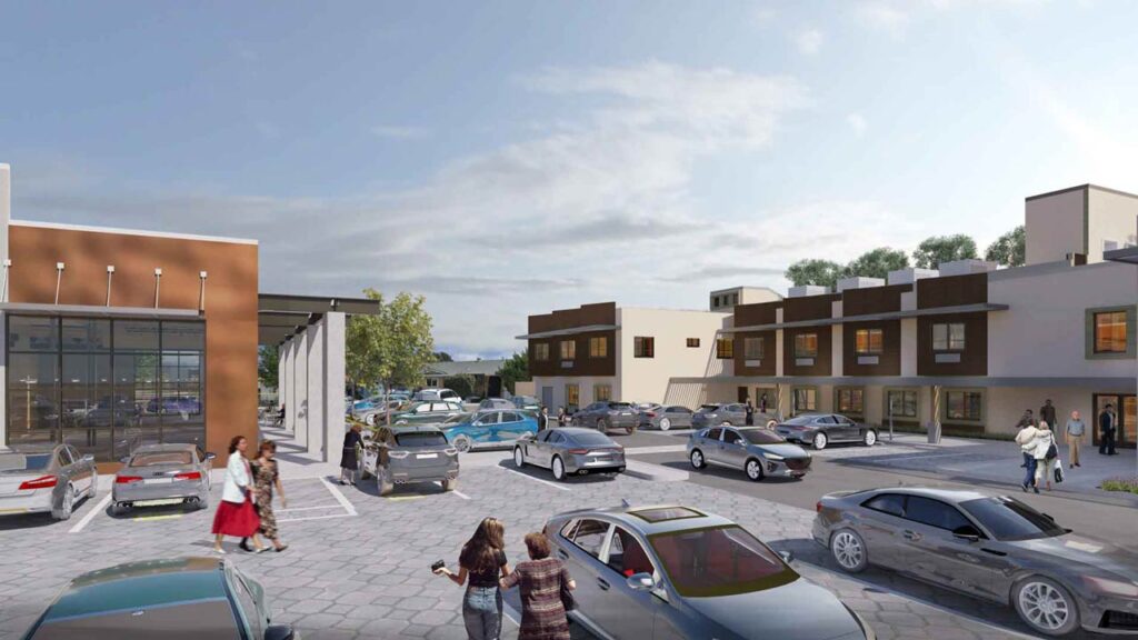 A busy parking lot with several cars in front of a modern shopping complex. People are walking across the lot, while others are near the building. The architecture features large windows and a mix of beige and brown tones.