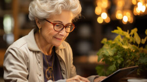 An elderly woman with gray hair and glasses is smiling and using a tablet. She wears a beige jacket and purple shirt, sitting in a warmly lit room with soft focus lights and greenery in the background.