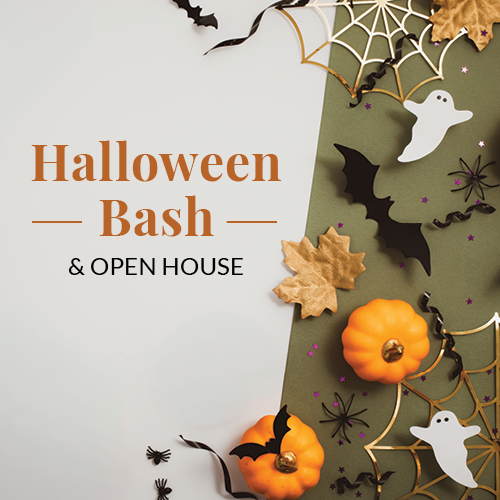 Halloween Bash & Open House event poster decorated with pumpkins, ghosts, bats, and spider webs.