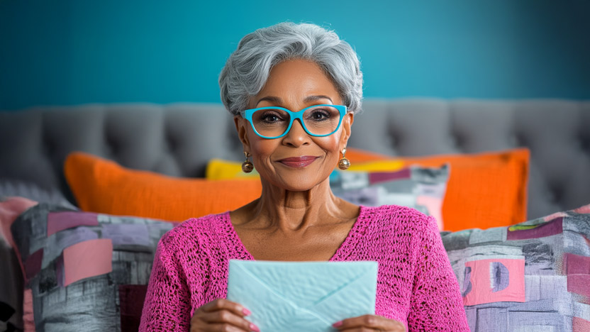 Elderly woman with silver hair and turquoise glasses wearing a pink top, holding a blue envelope. She sits on a colorful patterned couch with orange pillows, against a teal wall, smiling calmly.