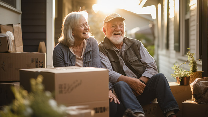 Elderly couple sitting on a porch, surrounded by moving boxes. They are smiling, enjoying the golden sunlight. The woman has gray hair and a sweater; the man wears a cap and vest. A potted plant is in the foreground.