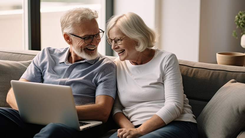 An elderly couple with white hair and glasses sit on a couch, smiling as they look at a laptop screen. The woman is wearing a white shirt, and the man is in a light blue shirt. Sunlight filters through a window in the background.