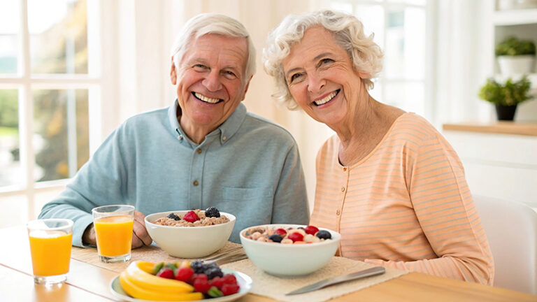 Elderly couple smiling at a breakfast table with bowls of cereal topped with berries, bananas on a plate, and glasses of orange juice, in a bright room with large windows.