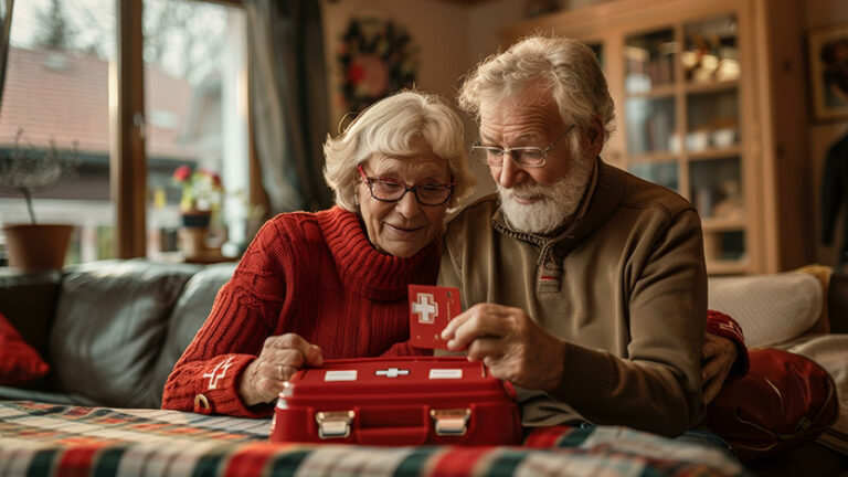 An elderly couple sits together on a couch, examining items from a red first aid kit. Both wear glasses and warm sweaters, looking focused and engaged in a cozy, well-lit living room.
