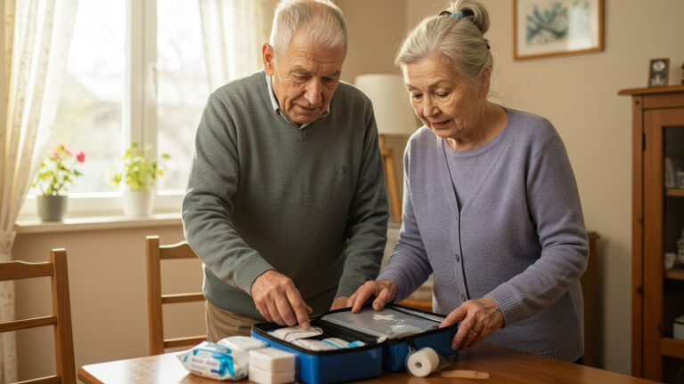 Two older adults stand at a table, organizing a blue first aid kit together in a bright, cozy room. Medical supplies like bandages and wipes are laid out nearby.