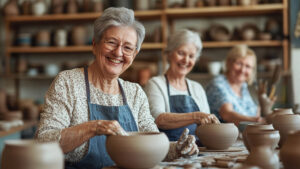 Three smiling elderly women in aprons sit at a pottery table, shaping clay bowls with their hands. Shelves with pottery pieces are visible in the background, creating a warm, creative studio atmosphere.