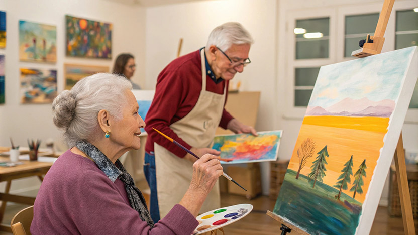 Two older adults paint on canvases in a bright art studio. The woman in front smiles while painting a landscape, and the man behind her holds a colorful painting. Artworks hang on the walls in the background.