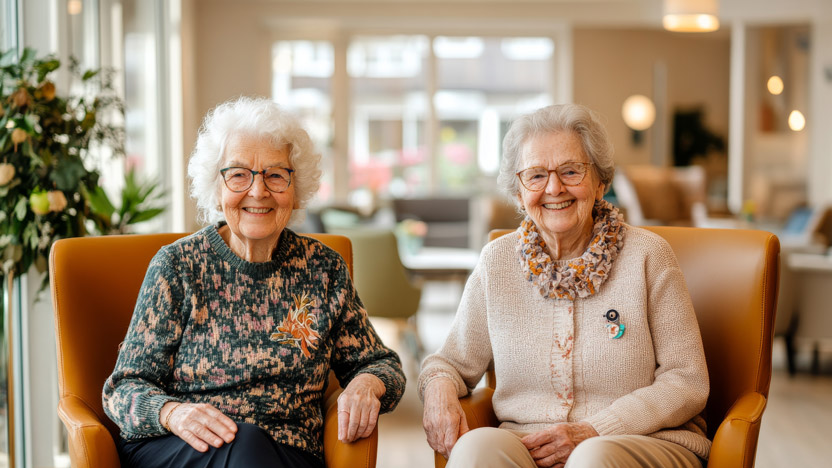 Two elderly women with gray hair sit smiling in armchairs in a bright, cozy living room. Both wear glasses and sweaters, and plants and soft lighting decorate the background.
