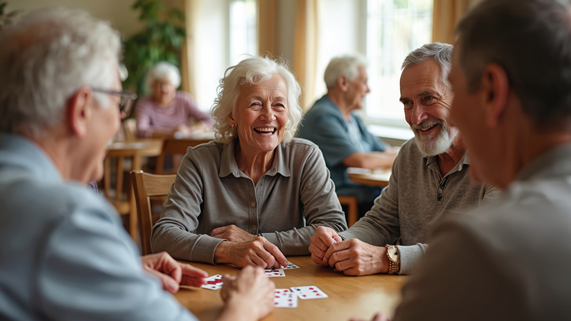 A group of elderly people sit around a table, smiling and laughing as they play cards together in a bright, cheerful room. Other seniors are visible in the background, also enjoying games and conversation.