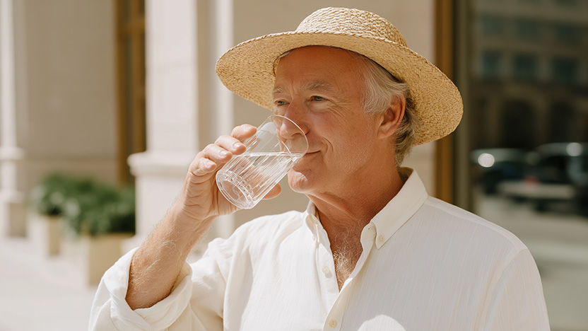 Older man wearing a straw hat and white shirt drinks a glass of water outdoors on a sunny day, with buildings and plants in the background.