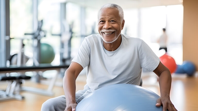 Smiling older man wearing a white t-shirt sits on a blue exercise ball in a bright, modern gym with large windows and blurred fitness equipment in the background.