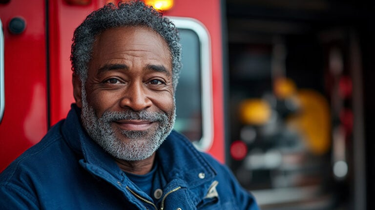 A middle-aged man with gray hair and a beard smiles warmly while standing in front of a red fire truck, wearing a blue firefighter uniform. The background is slightly blurred, highlighting his friendly expression.