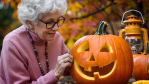 An elderly woman in glasses and a pink sweater smiles while sitting next to a carved jack-o’-lantern pumpkin outdoors, with autumn leaves and a lantern in the background.
