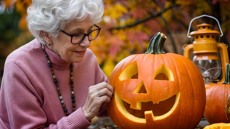 An elderly woman in glasses and a pink sweater smiles while sitting next to a carved jack-o’-lantern pumpkin outdoors, with autumn leaves and a lantern in the background.
