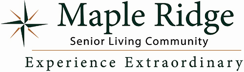 Logo for Maple Ridge Senior Living Community with a compass design on the left and the tagline "Experience Extraordinary" written underneath.
