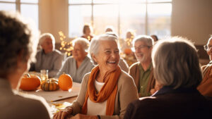A group of smiling older adults sit around a table decorated with pumpkins, enjoying a sunny autumn gathering indoors. One woman in the center laughs, surrounded by friends in cozy clothes.