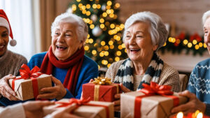 A group of smiling elderly people exchange wrapped gifts in a cozy room decorated with Christmas lights and a tree in the background.