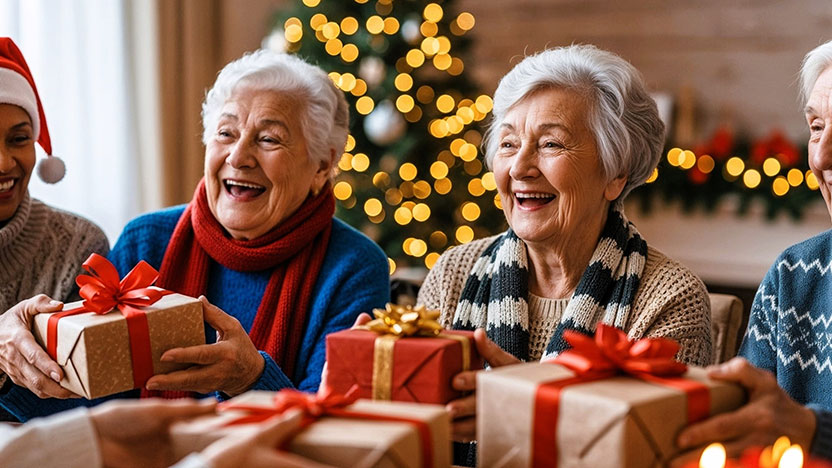 A group of smiling elderly people exchange wrapped gifts in a cozy room decorated with Christmas lights and a tree in the background.