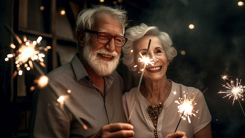 An elderly couple with gray hair smiles joyfully while holding sparklers at night. Warm lighting illuminates their faces, creating a festive and celebratory atmosphere.