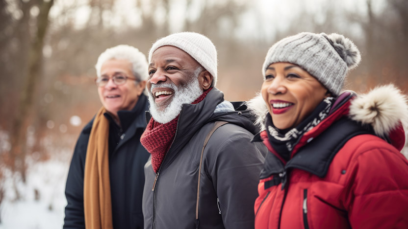 Three older adults bundled in winter coats, hats, and scarves smile while standing outdoors in a snowy, wooded area. The background shows trees and snow on the ground.